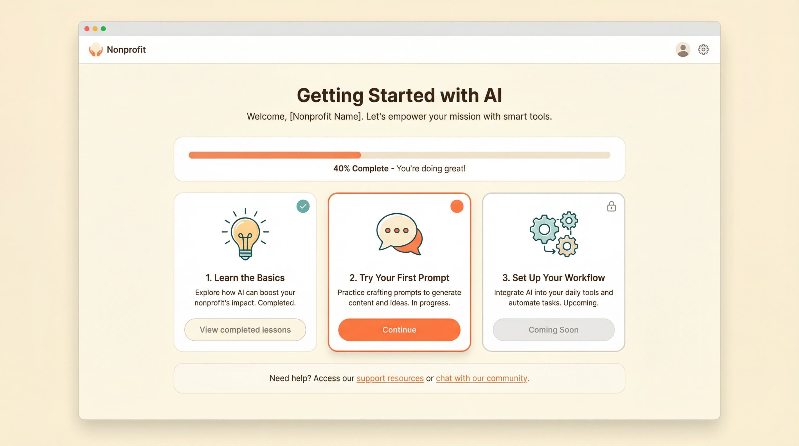 AI onboarding dashboard showing getting started steps for nonprofits with progress indicator