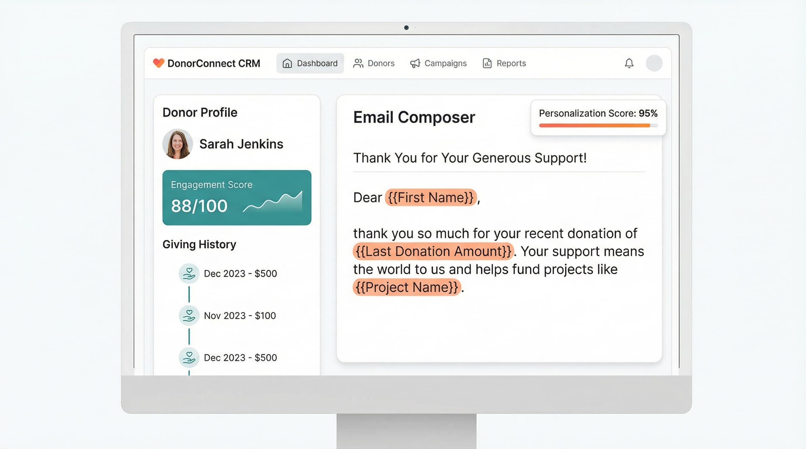 Donor CRM interface showing personalized email composer with merge fields and engagement score