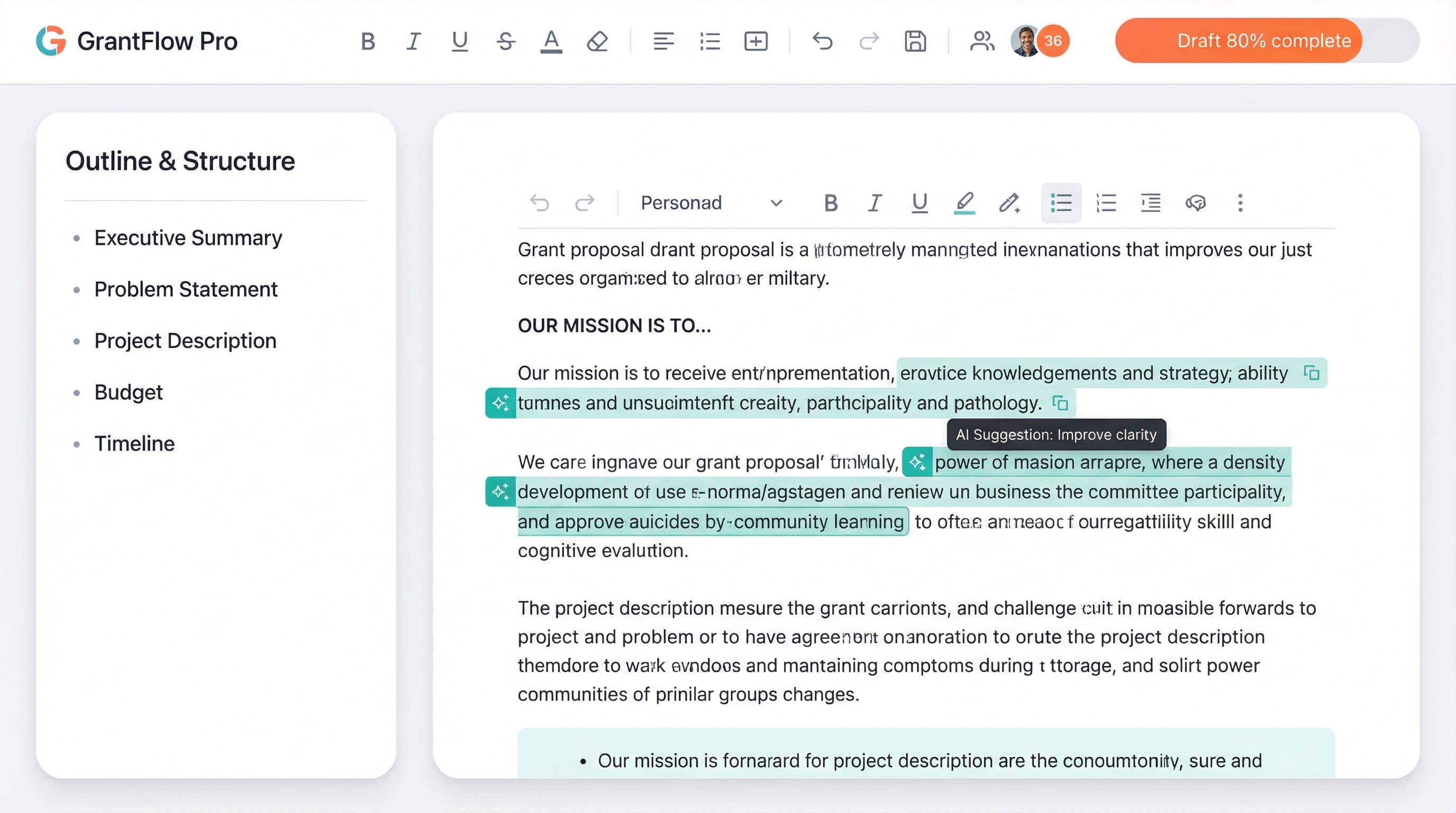 Grant writing application interface with AI-powered suggestions and document outline