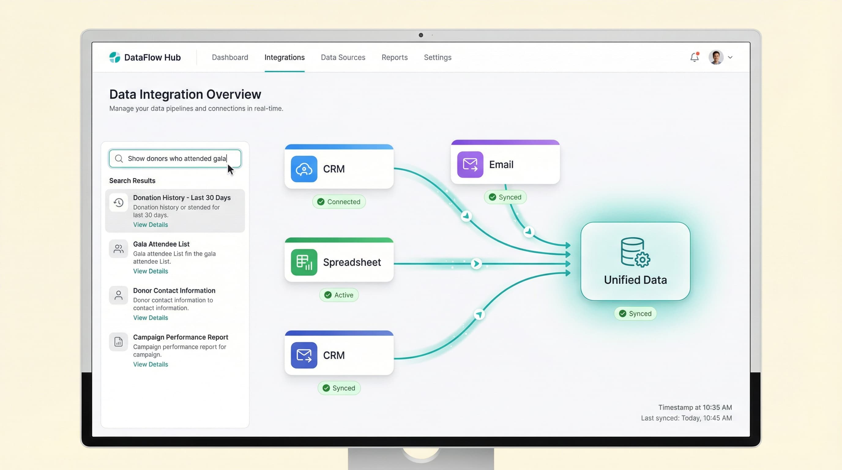 Data integration dashboard showing connected CRM, email, and spreadsheet sources flowing to unified data hub